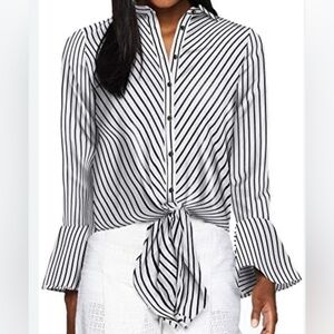 Eci New York Charcoal Gray & White Bell Sleeve Stripe Tie Front Blouse Size 10
